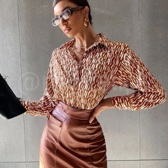 Rusty Brown with White Spots Printed Button Through Shirt Long Sleeve - Picture 2 of 8